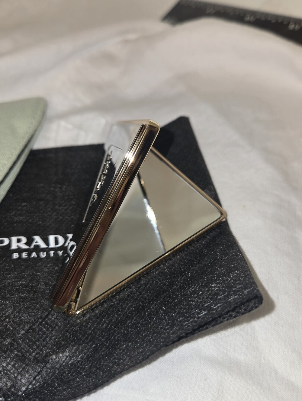 Prada Gold Triangular Double Compact Mirror with Mint Pouch and Black Sleeve - Picture 3 of 7